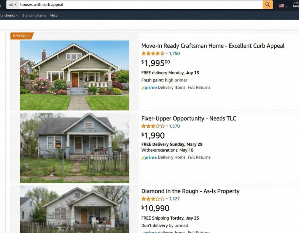 Visual analogy of Amazon search results showing houses with bad curb appeal versus one with excellent curb appeal, illustrating the importance of professional Amazon listing image design