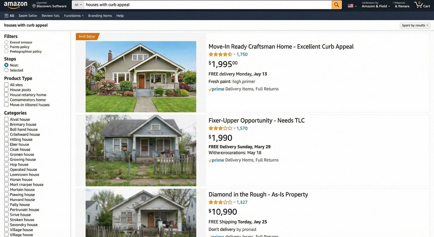 amazon-listing-image-design-curb-appeal-analogy1 Visual analogy of Amazon search results showing houses with bad curb appeal versus one with excellent curb appeal, illustrating the importance of professional Amazon listing image design